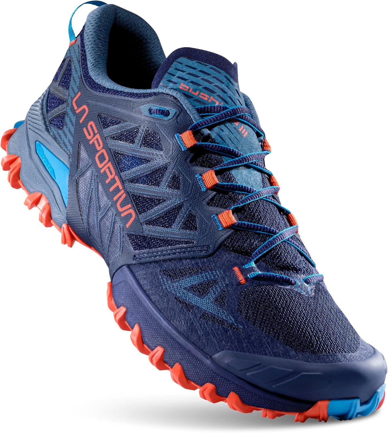 image:imageLa Sportiva Mens Bushido III Running Shoes Performance MountainTrail RunningDeep SeaCherry Tomato